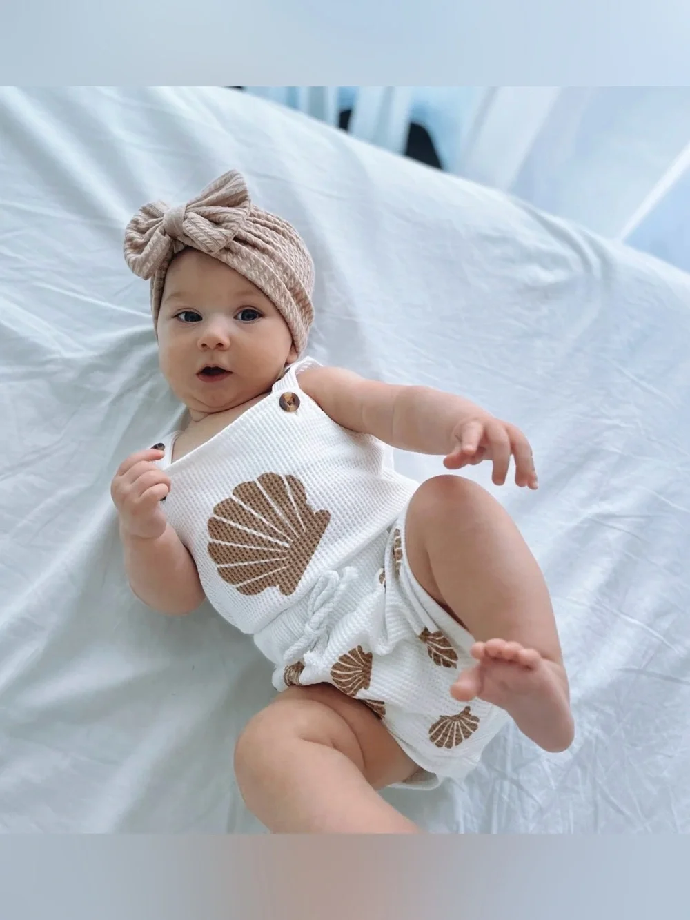 White Shell Print Baby Romper and Shorts Set